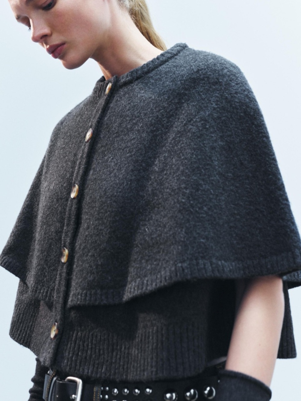 Zara Dark Charcoale Buttoned Knit Capelet cape cardigan blogger favorite